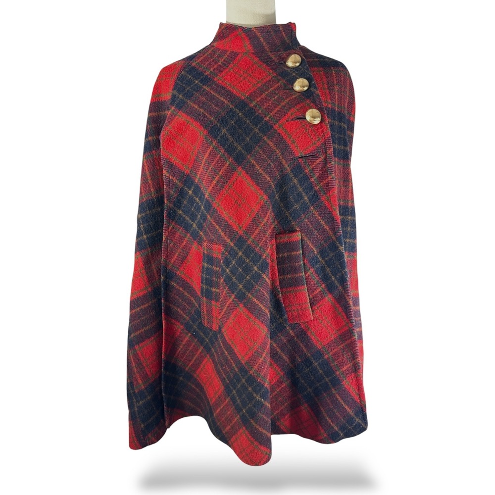 Vintage Red Plaid Wool Cape Poncho Asymmetrical Gold Button Coat Women Medium